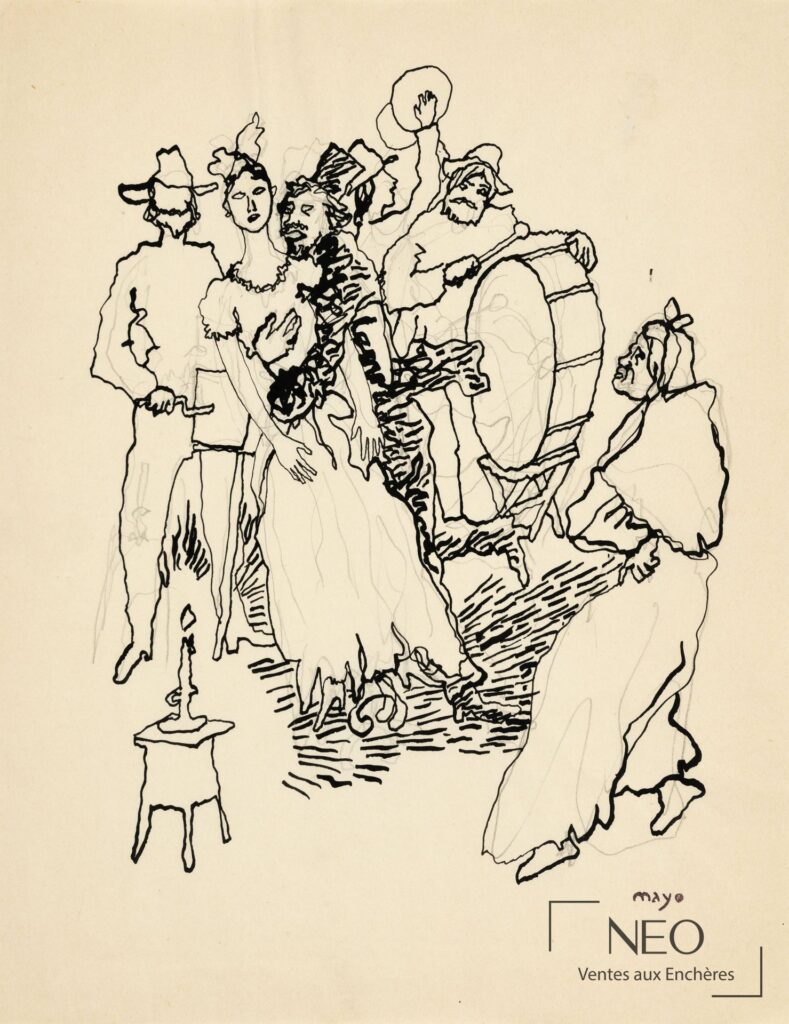Dessin sur papier représentant plusieurs figures au trait noir