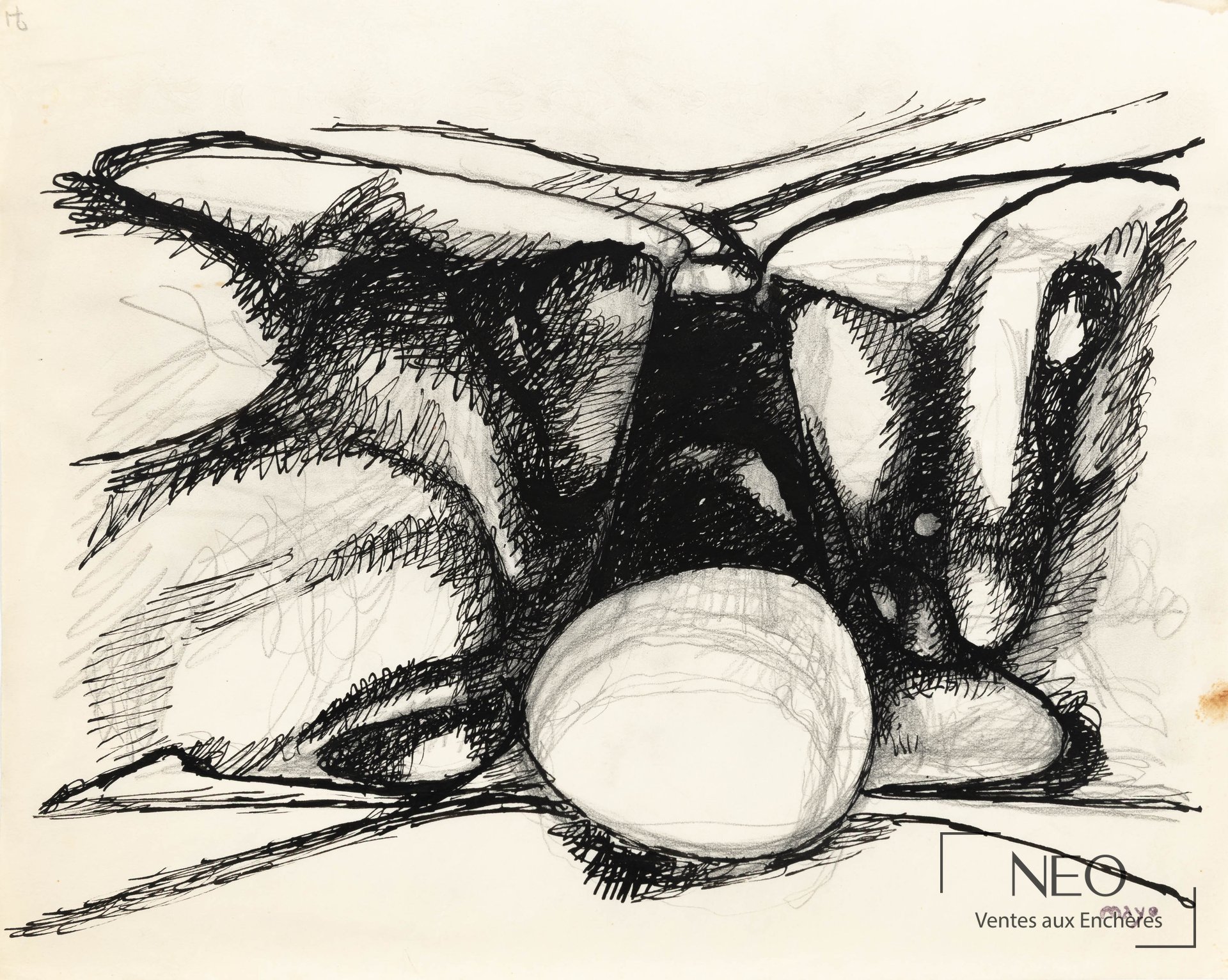 Antoine Mayo, composition abstraite, technique mixte sur papier