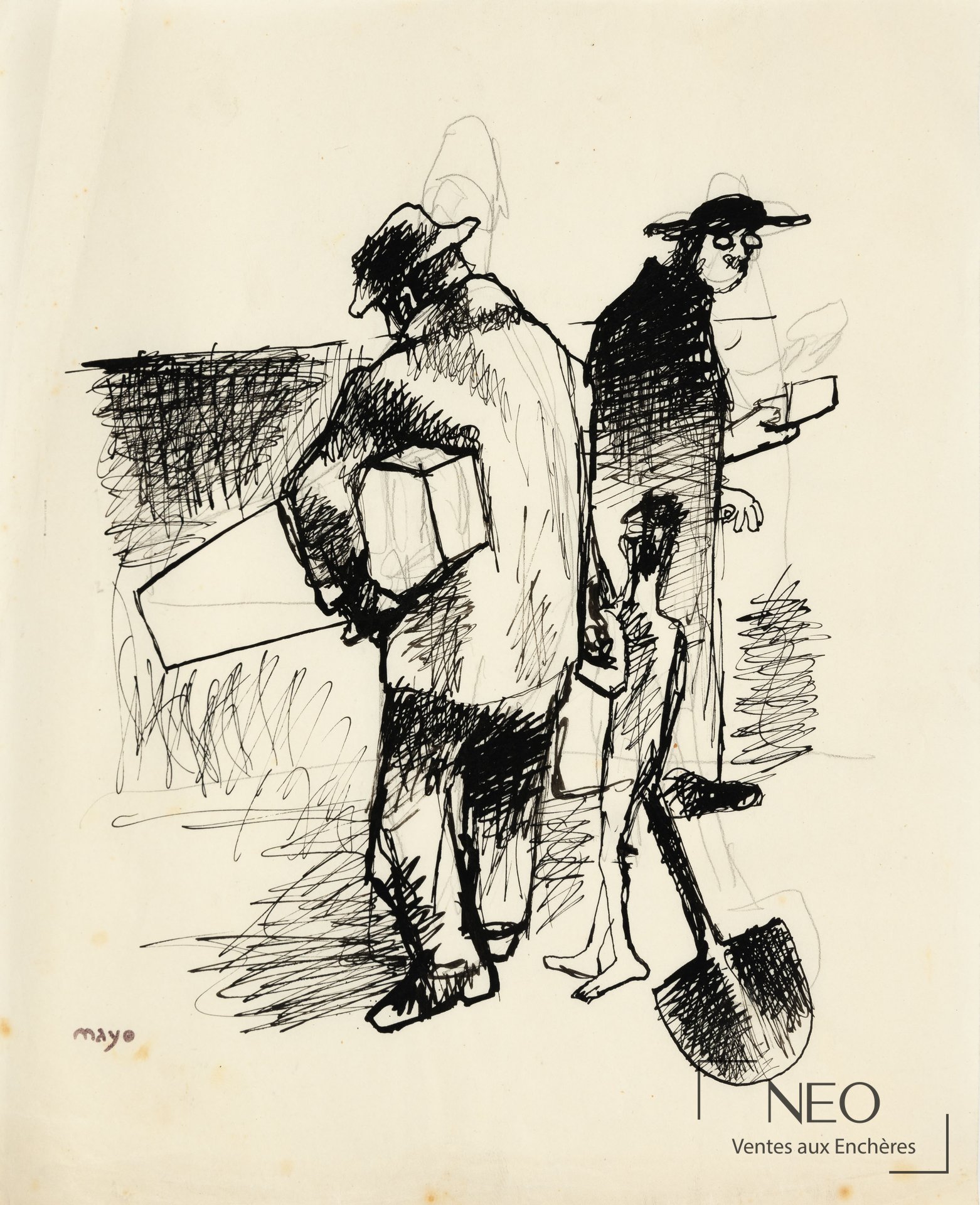Dessin d'Antoine Mayo montrant trois figures au trait noir sur papier.