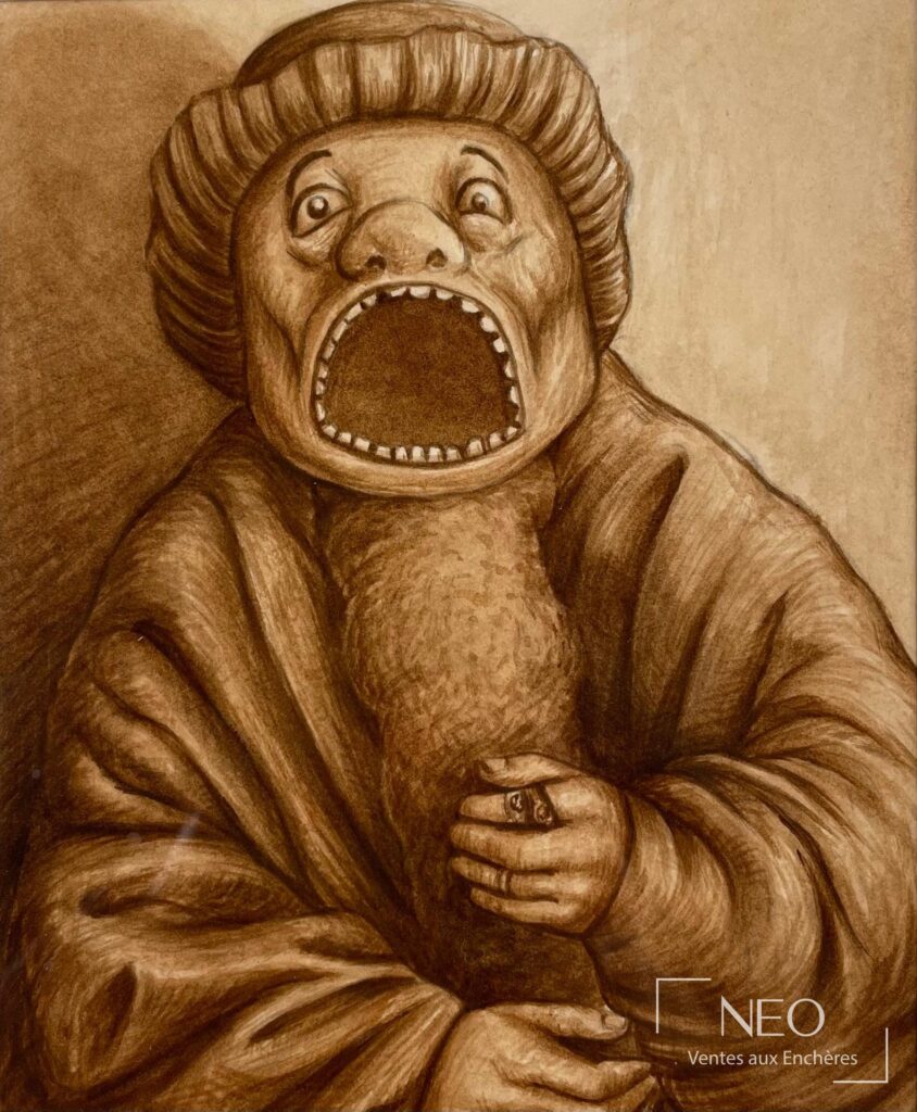 Dessin brun représentant un personnage à la bouche grande ouverte