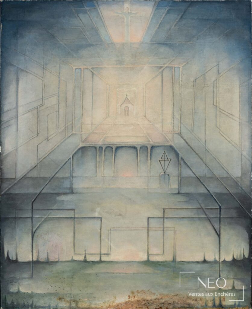 Huile sur toile représentant un intérieur d'église traité dans des tons bleus et clairs.