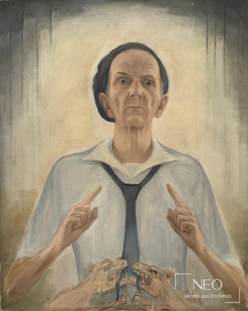 Autoportrait d'Anton Prinner à la robe claire et aux chimères en partie basse