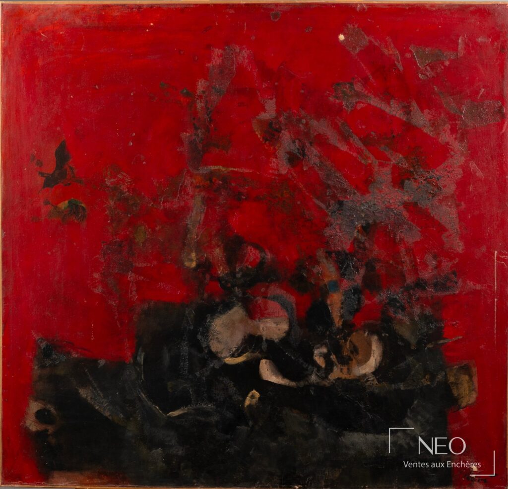 Composition abstraite d'Antoni Clavé aux larges masses rouges et noires