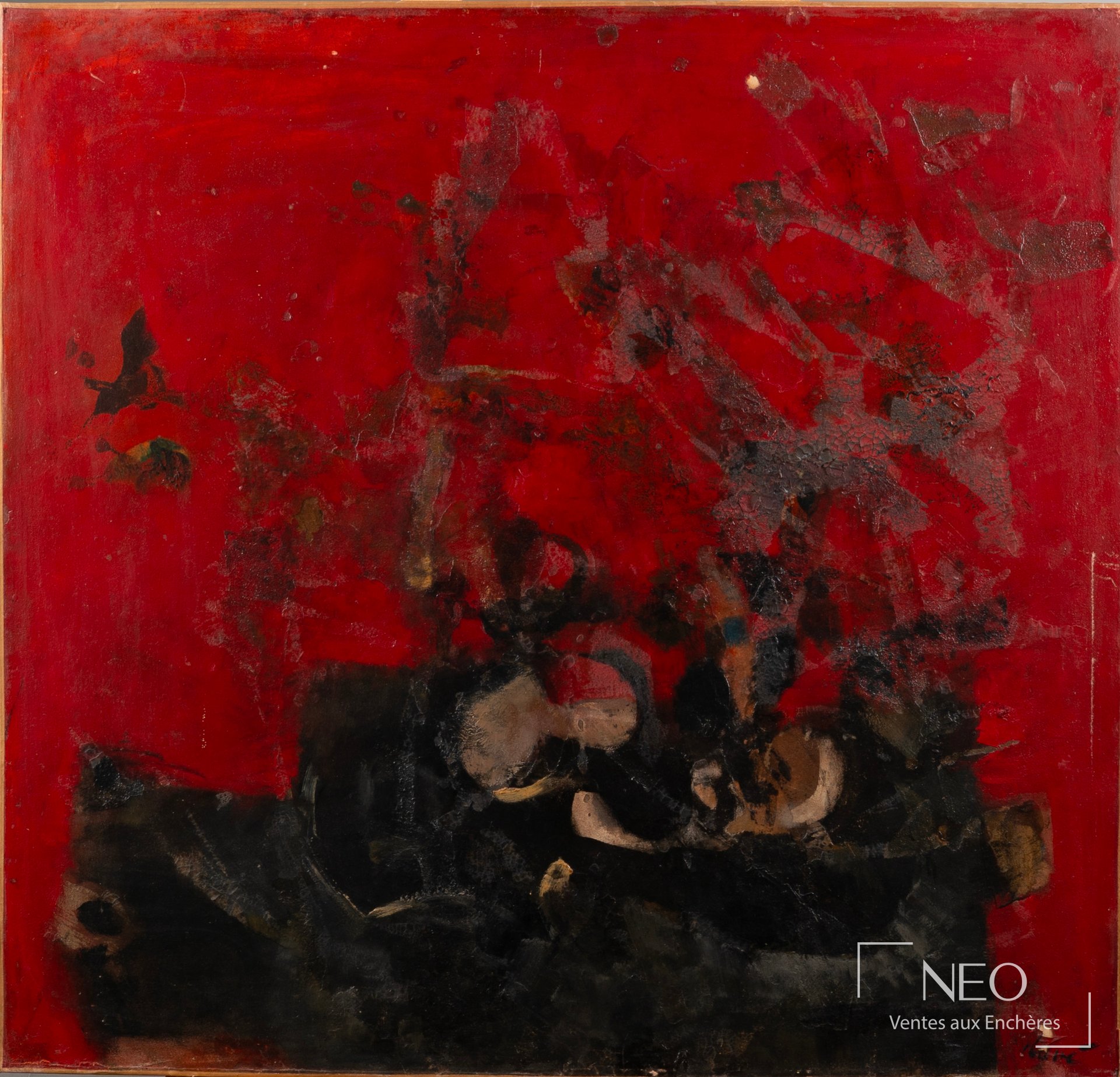 Composition abstraite d'Antoni Clavé aux larges masses rouges et noires