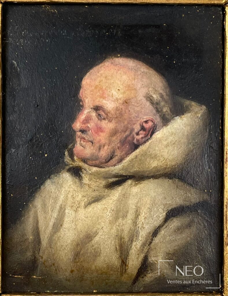 Portrait de moine peint à l'huile sur panneau dans un fond sombre