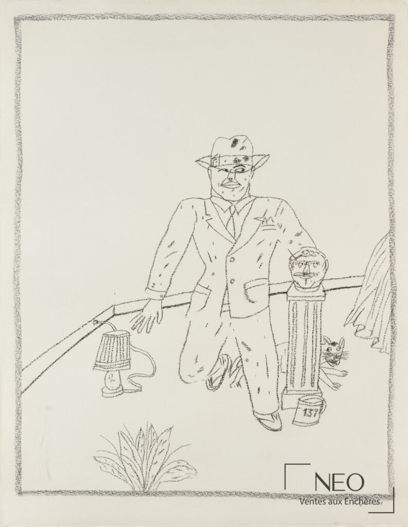 Dessin d’Antonio Seguí représentant un personnage en costume dans un décor sobre