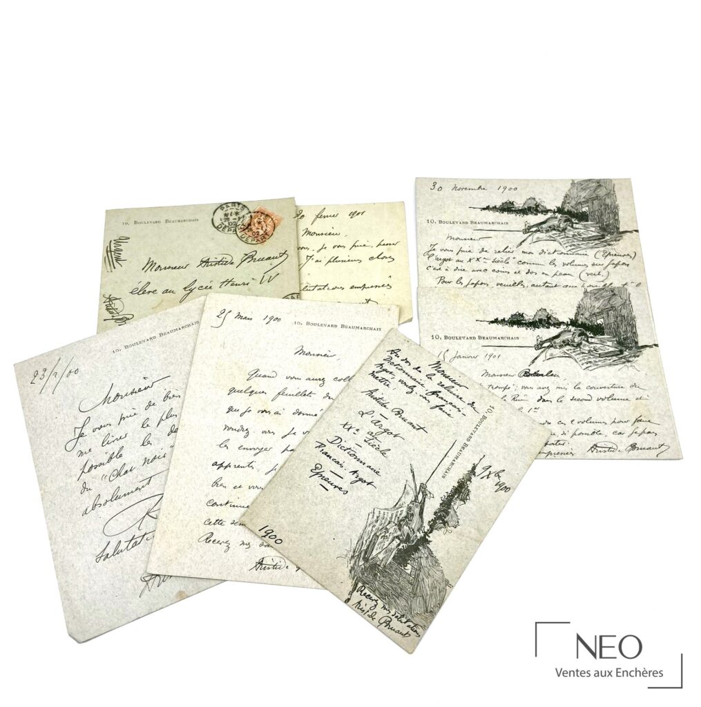 Lot de lettres autographes signées d'Aristide Bruant avec une enveloppe annotée