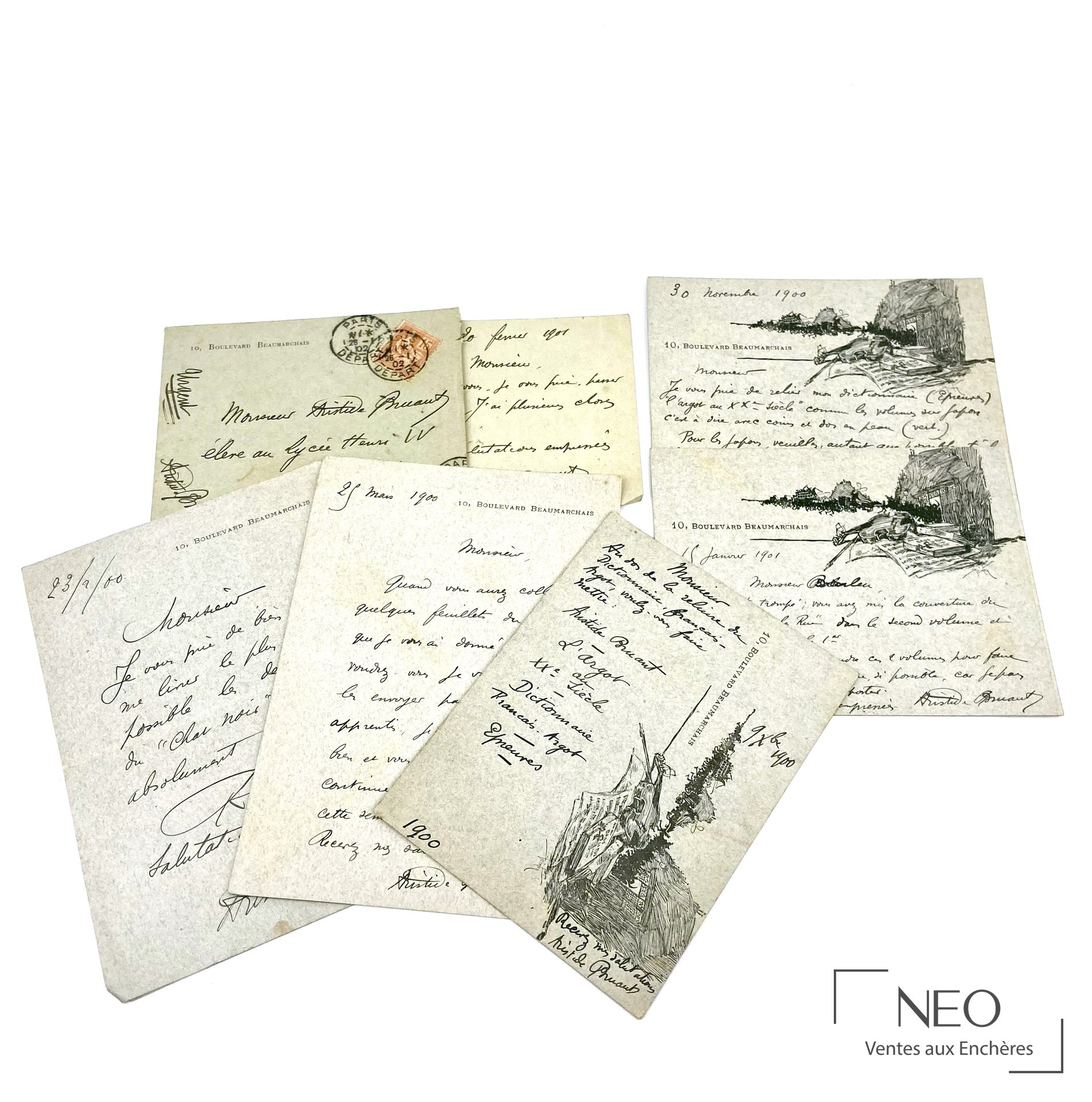 Lot de lettres autographes signées d'Aristide Bruant avec une enveloppe annotée