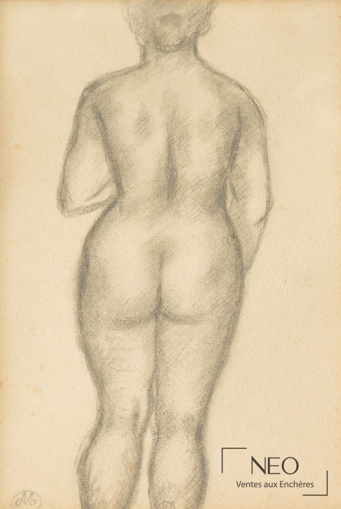 Monogramme au bas à gauche d'un nu féminin au crayon sur papier