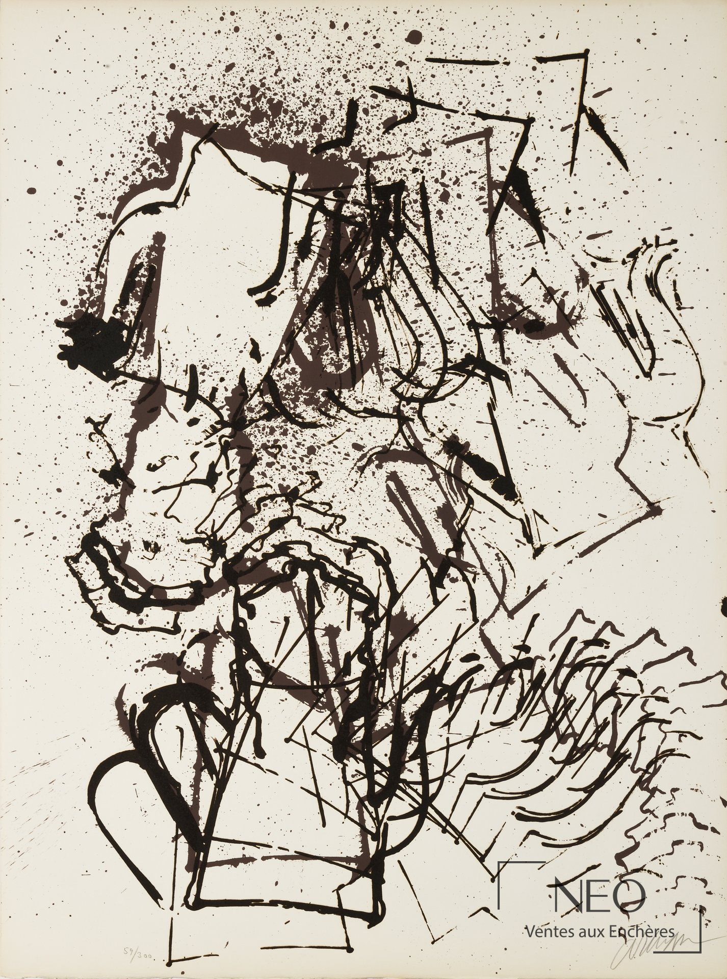 Lithographie abstraite d'Arman en tons marron sur papier vélin.