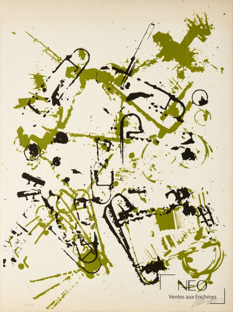 Lithographie en couleurs de Arman aux dominantes noire et verte