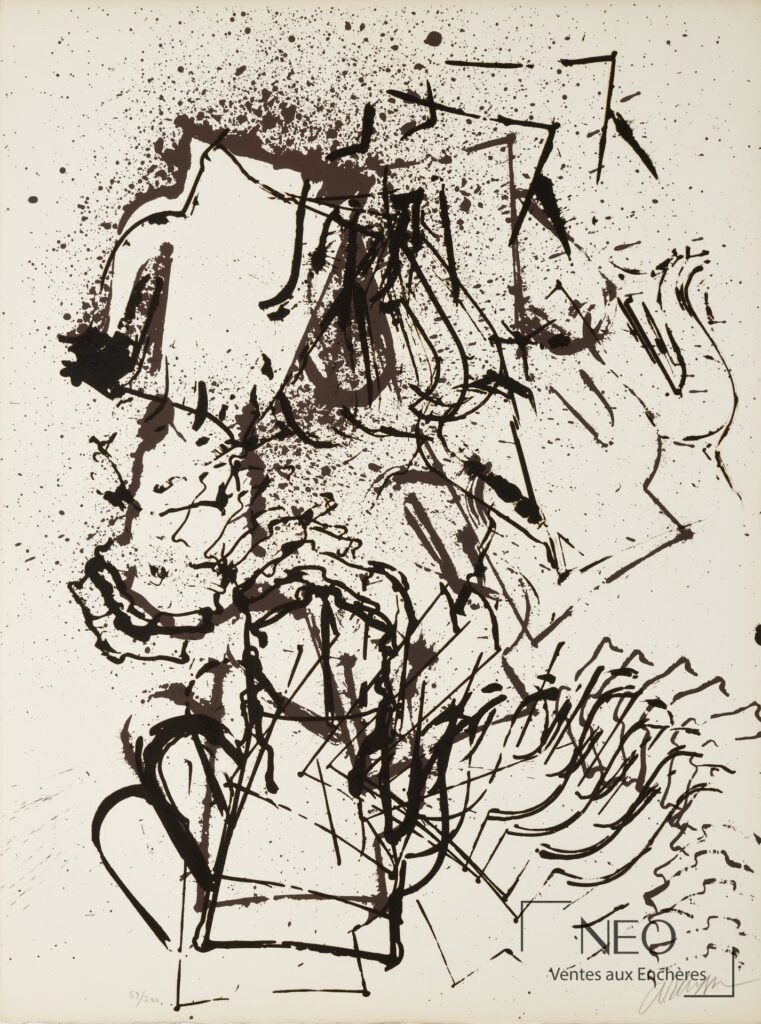 Lithographie abstraite brun noir sur fond clair