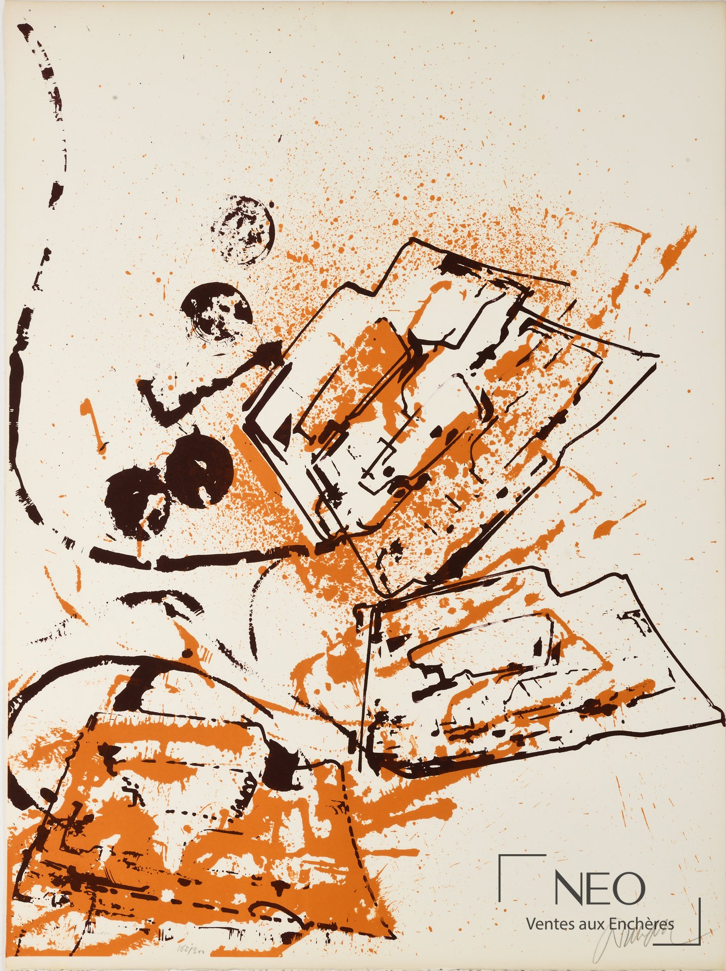 Lithographie orange et noire d'Arman représentant une composition abstraite