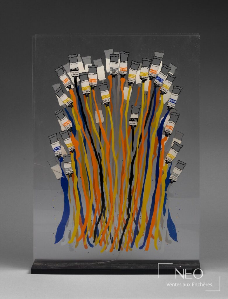 Sérigraphie d'Arman sur plaque de plexiglas représentant des tubes de couleur