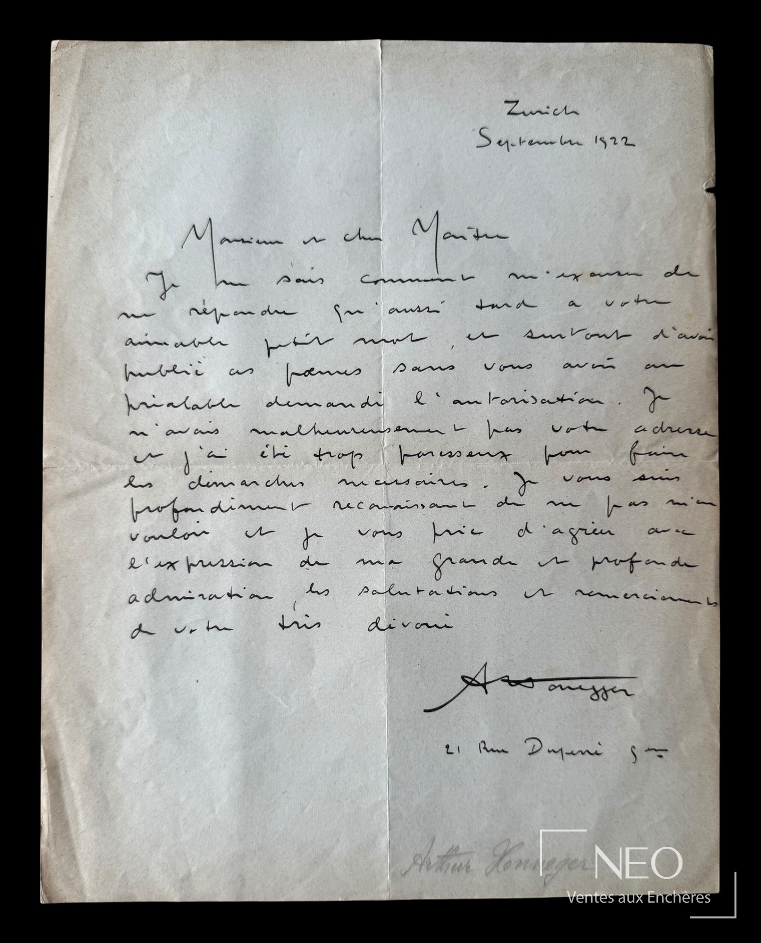 Lettre autographe signée d'Arthur Honegger