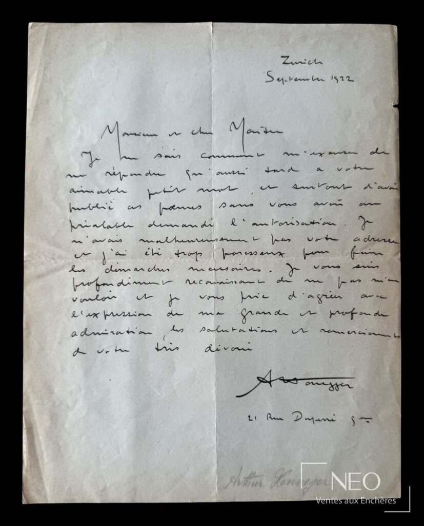 Lettre autographe signée d'Arthur Honegger avec date Zurich septembre 1922