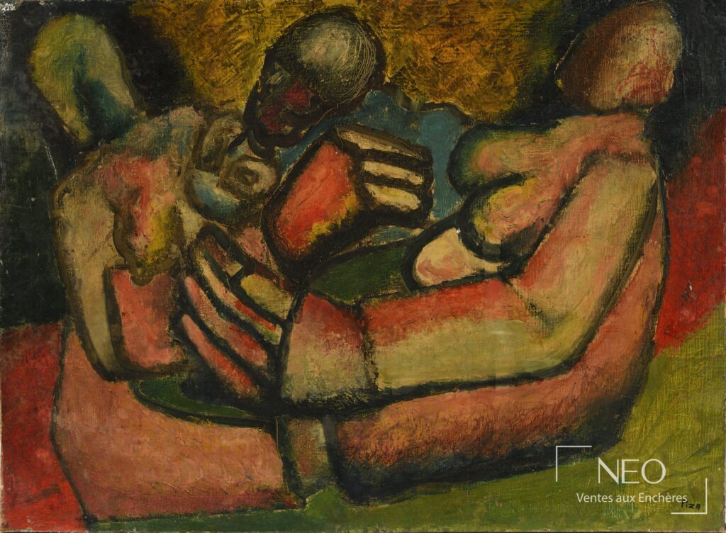 Huile sur toile aux formes abstraites et à trois figures