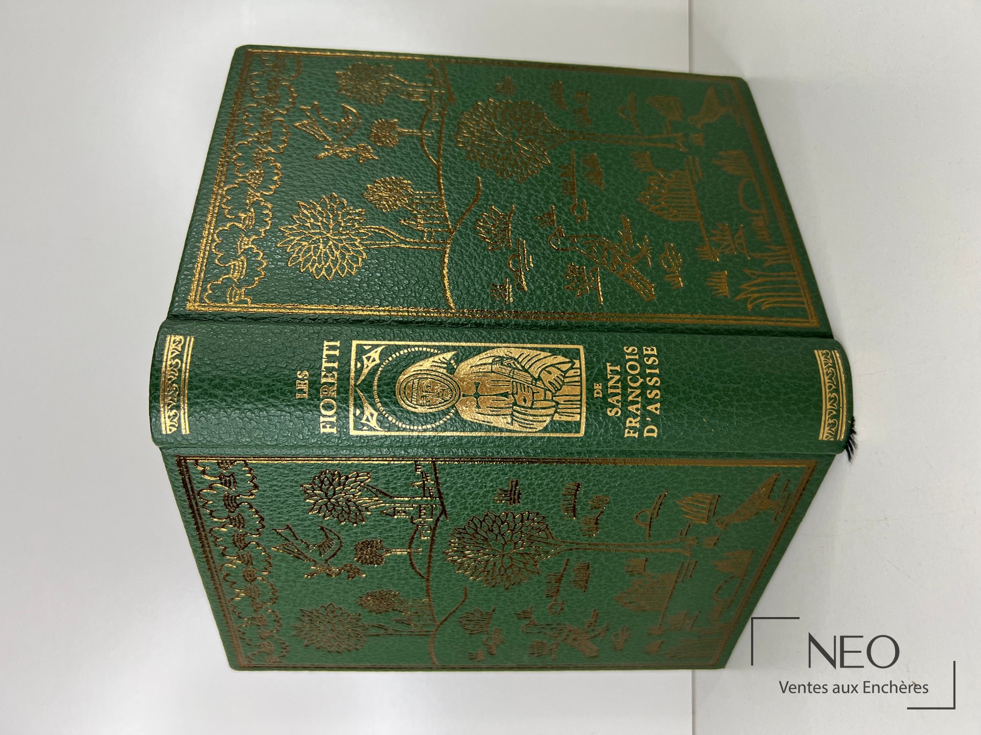 Livre relié vert avec décors dorés sur les plats et le dos