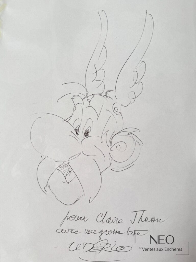 Dédicace dessinée d’Astérix sur une page blanche