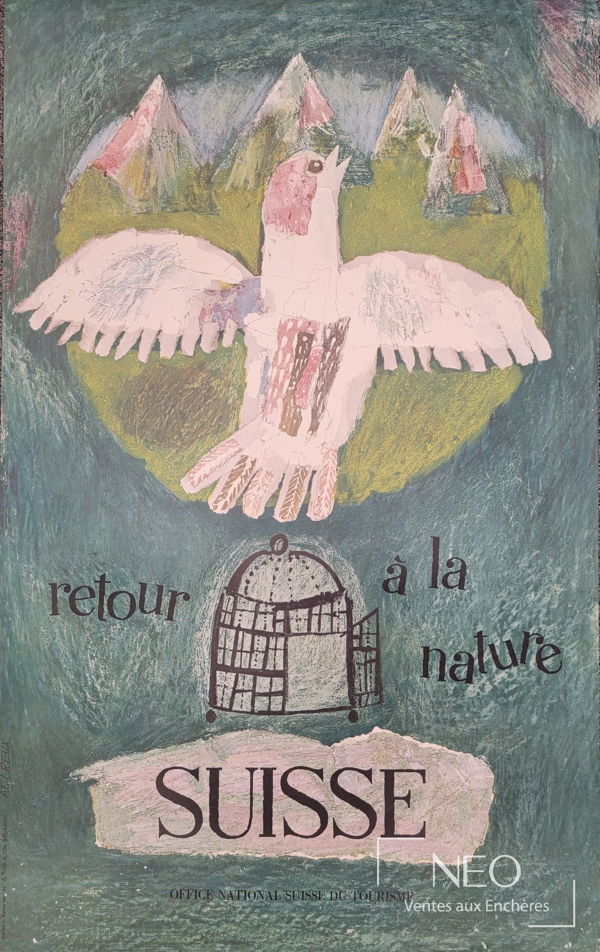 Affiche Atelier CREUX représentant un oiseau blanc devant des montagnes et le texte Suisse