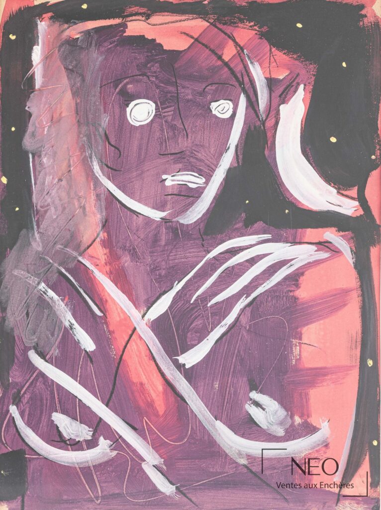 Composition abstraite mauve et rose avec visage stylisé au centre