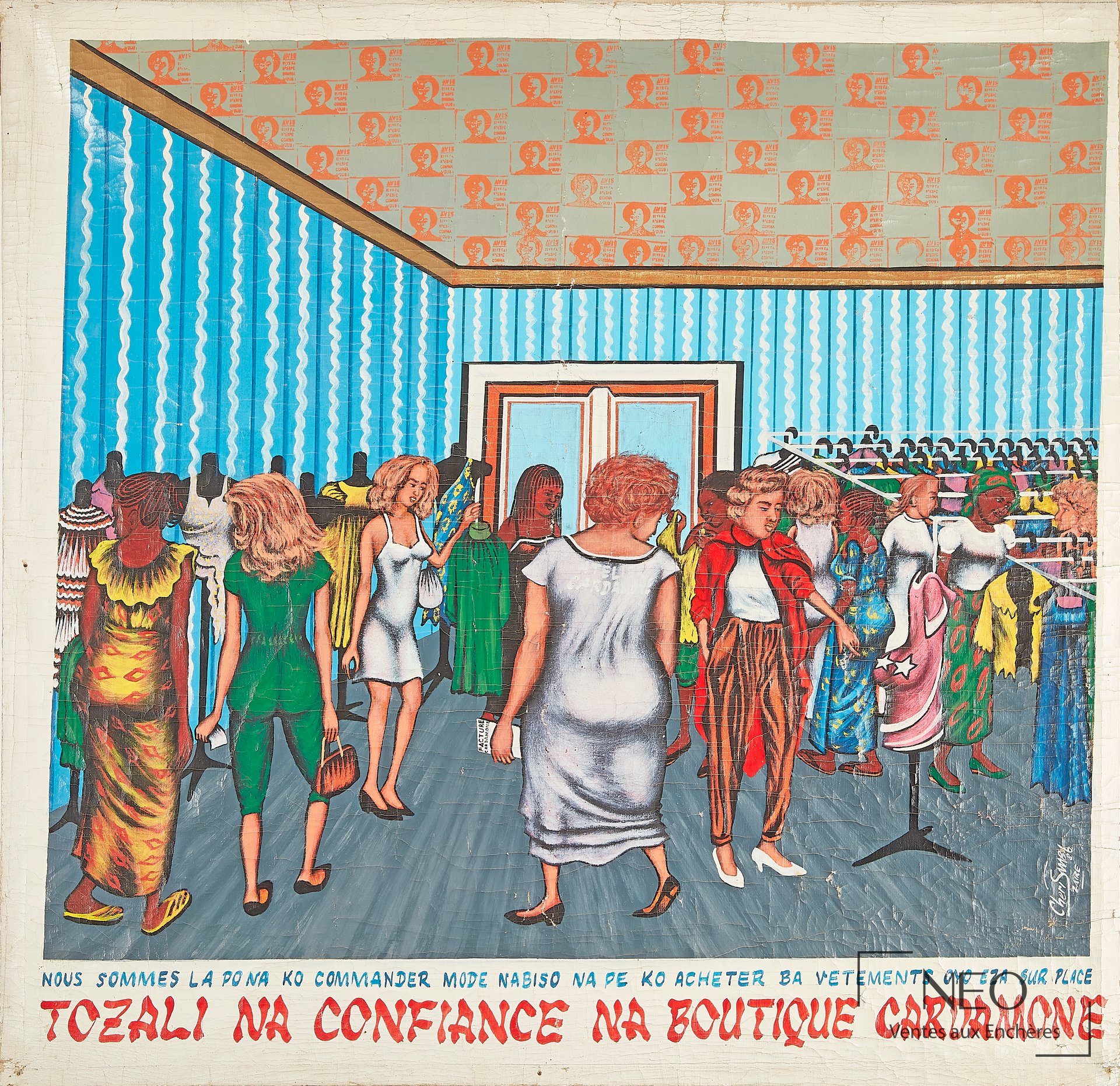 Huile sur toile de Chéri Samba montrant une scène de boutique avec figures féminines et vêtements