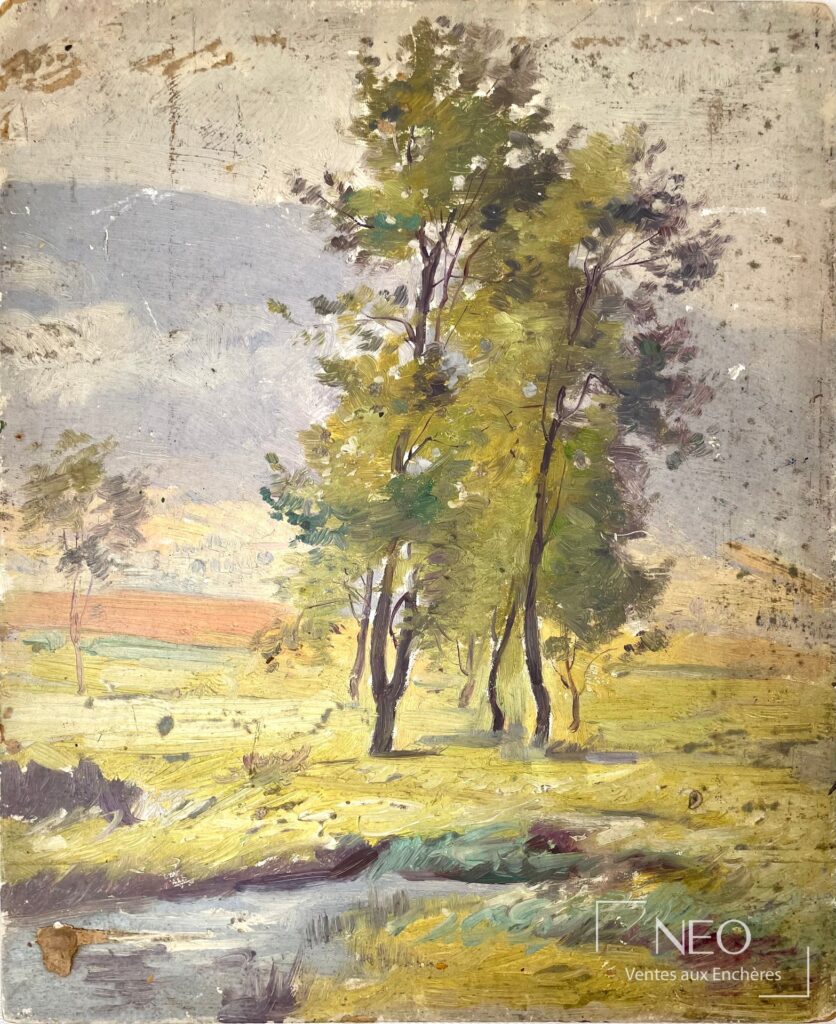 Paysage peint à l'huile sur carton avec deux arbres au centre et large ciel lumineux