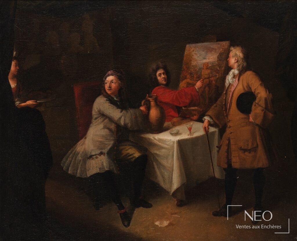 Scène de genre avec quatre personnages dans un atelier