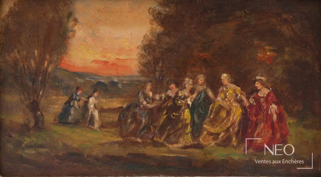 Scène de promenade dans un parc au coucher du soleil