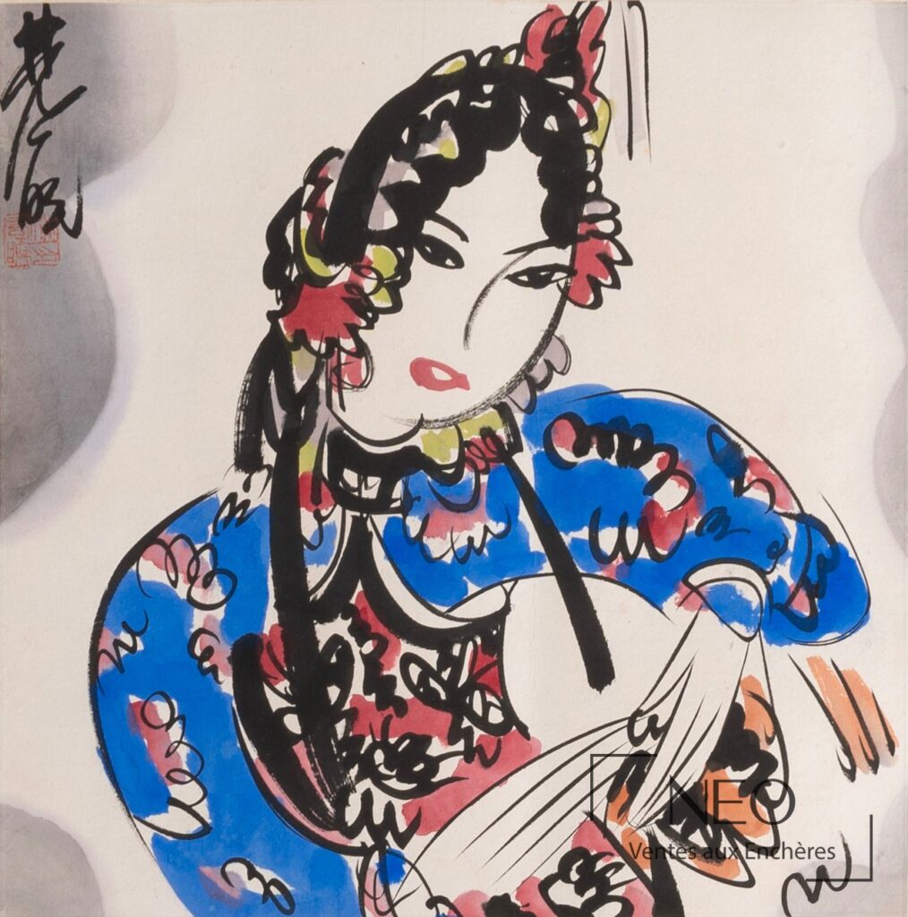 Portrait de femme en buste aux aplats de couleur vive et à la ligne noire