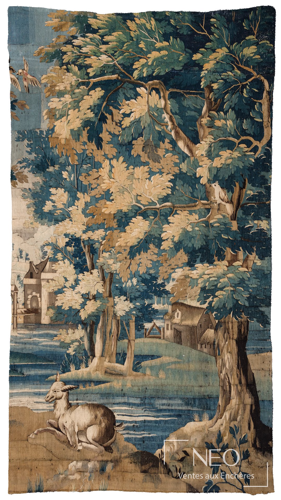 Fragment de tapisserie Aubusson figurant un paysage champêtre avec un mouton au premier plan