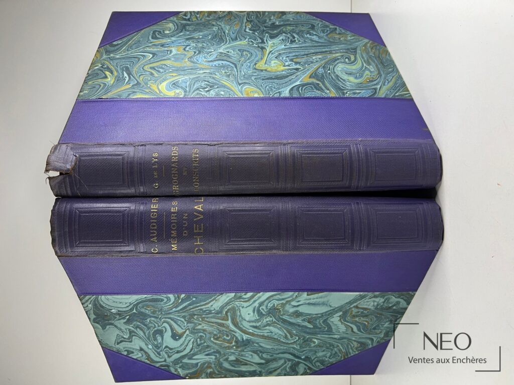 Deux volumes reliés aux plats marbrés violets et verts