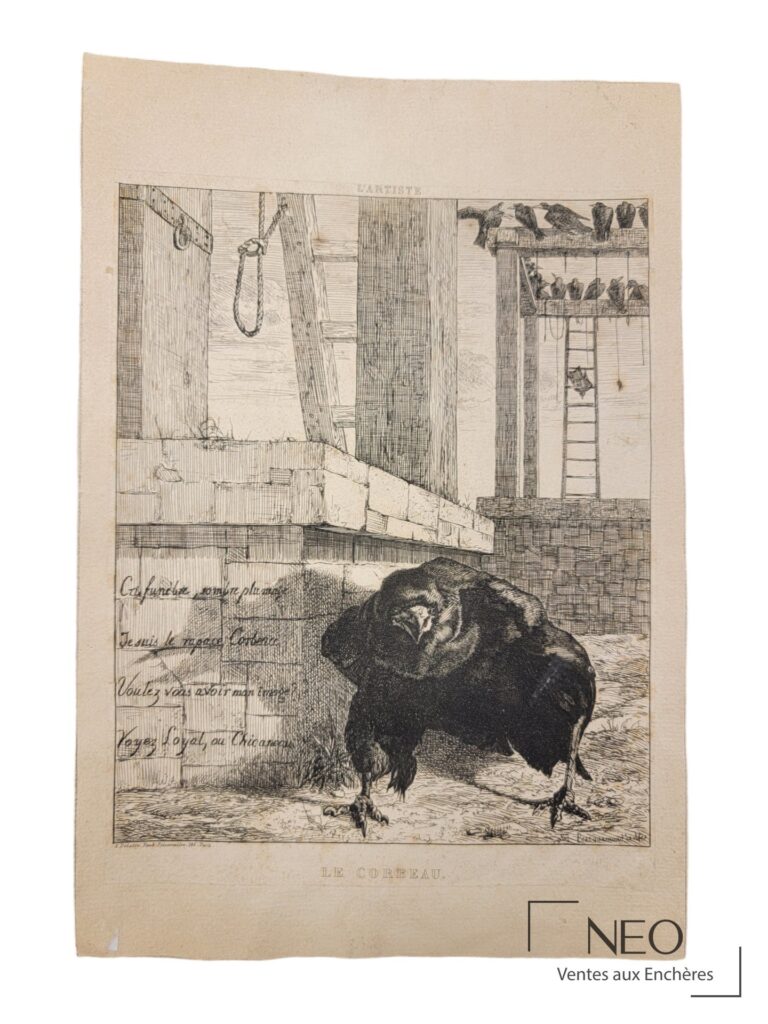 Estampe d'Auguste Delatre d'après Félix Bracquemond représentant un corbeau devant une scène architecturée