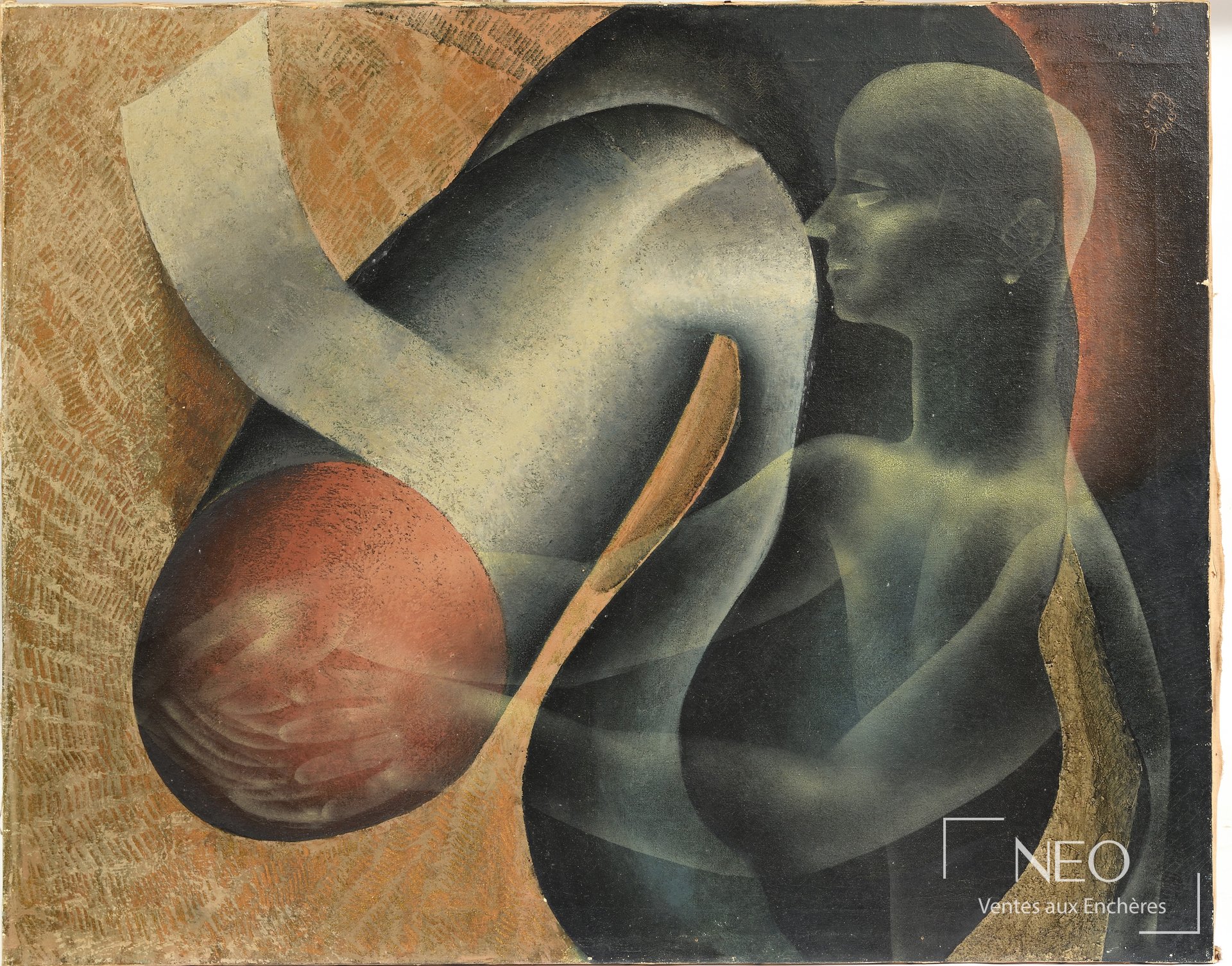 Composition surréaliste d'Auguste Mambour avec forme centrale et silhouette sombre à droite