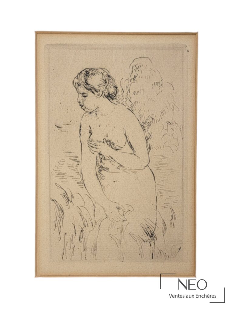 Eau-forte d'Auguste Renoir représentant une baigneuse de profil sur papier vergé