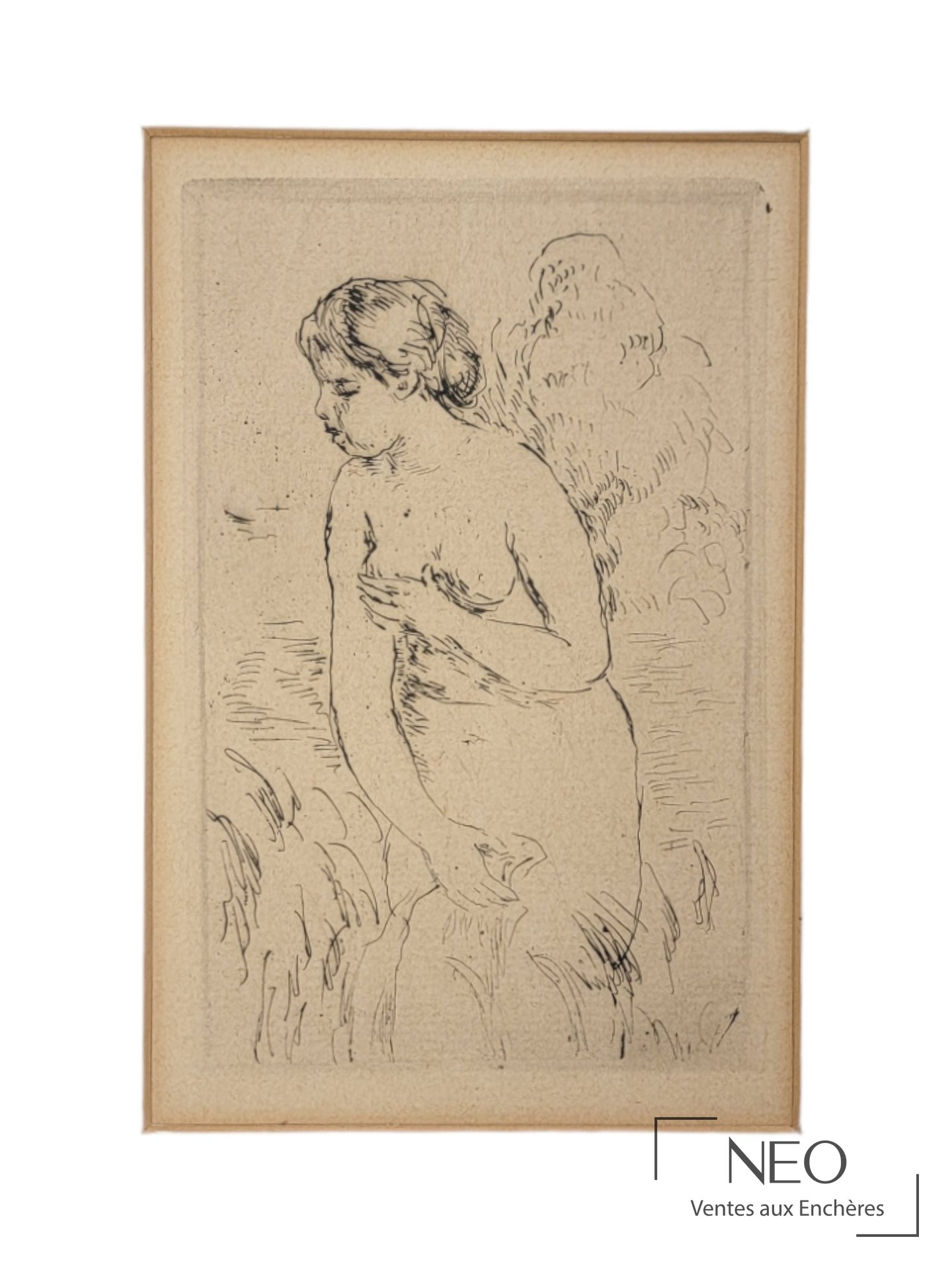 Eau-forte d'Auguste Renoir représentant une baigneuse de profil sur papier vergé