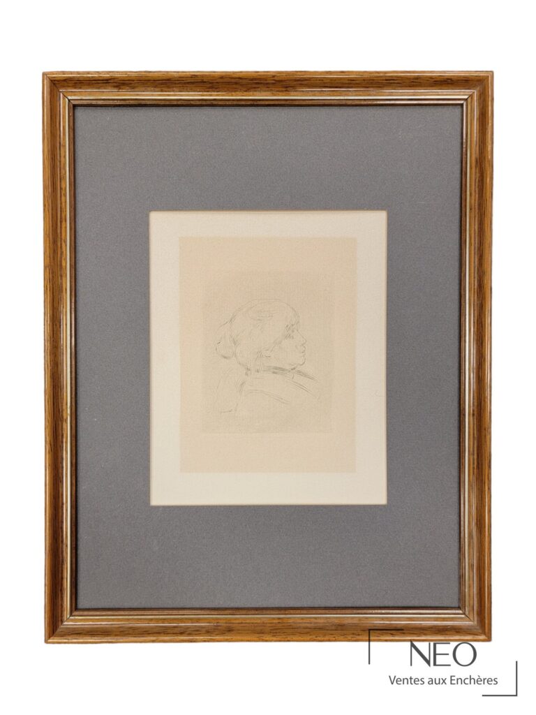 Estampe encadrée montrant le portrait de profil de Berthe Morisot sur papier vergé.