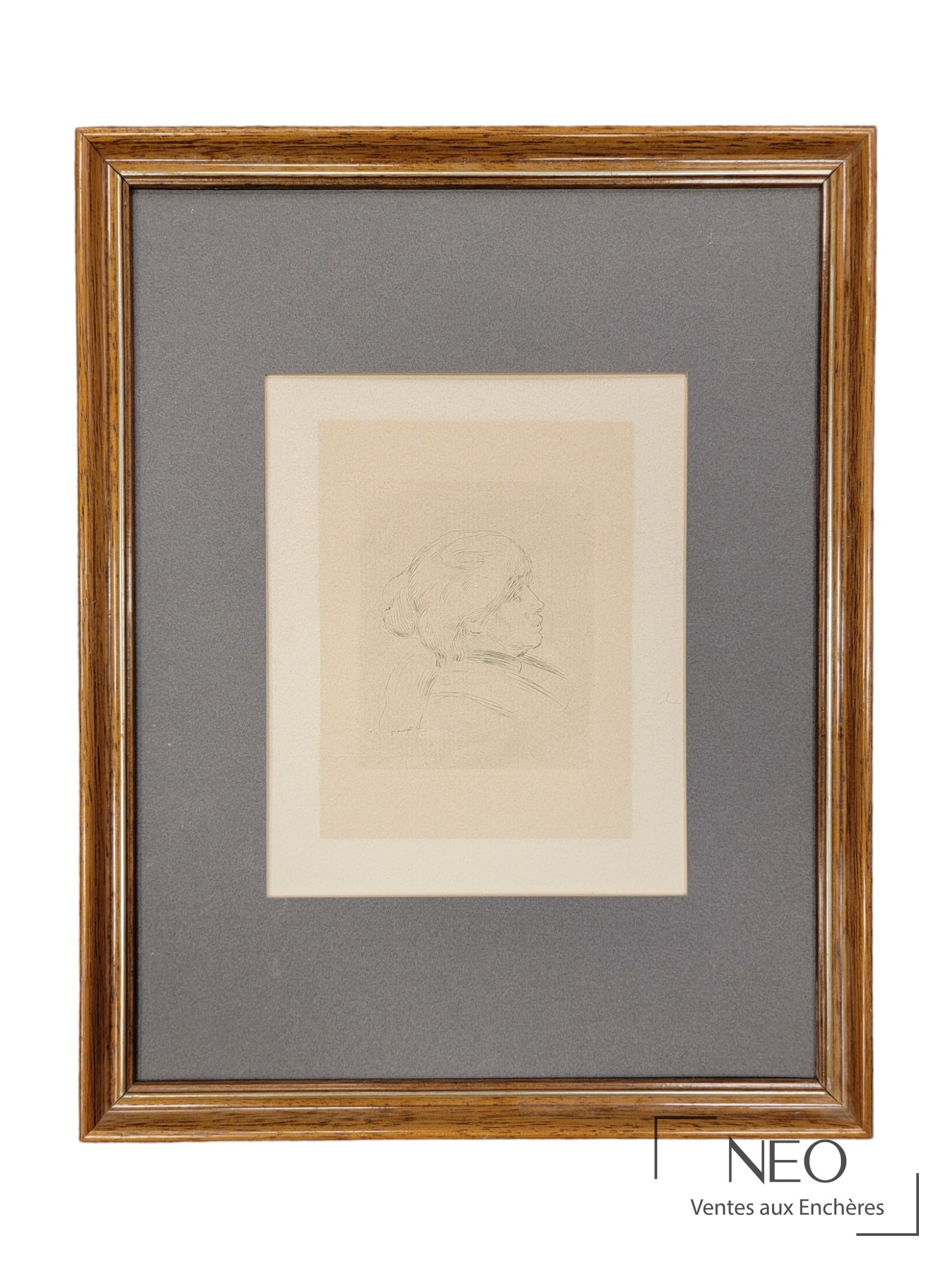Estampe encadrée montrant le portrait de profil de Berthe Morisot sur papier vergé.