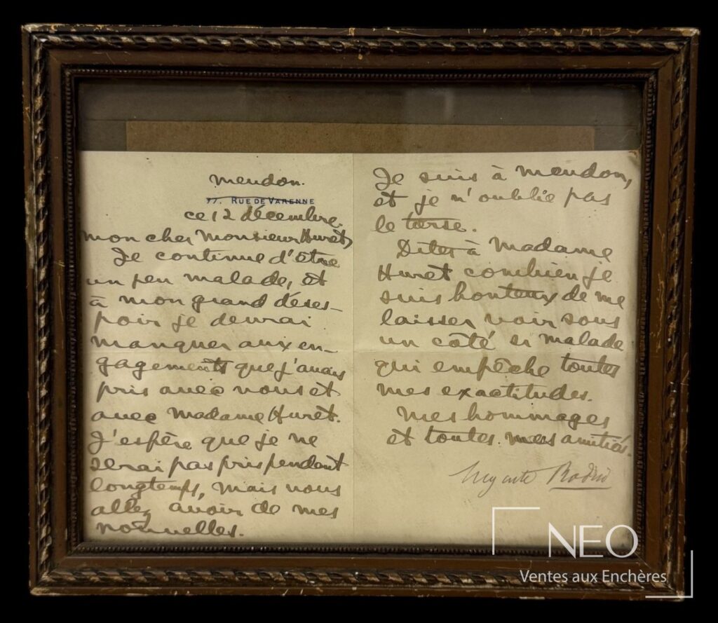 Lettre manuscrite d'Auguste Rodin sous cadre