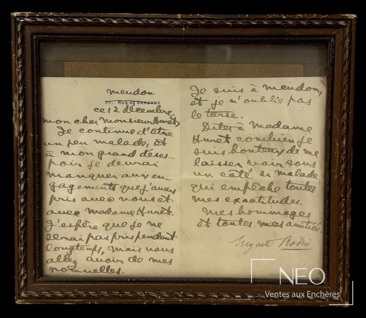 Lettre manuscrite d'Auguste Rodin sous cadre