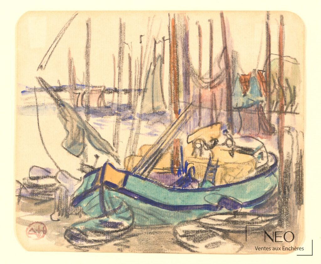 Dessin coloré représentant des bateaux amarrés au port