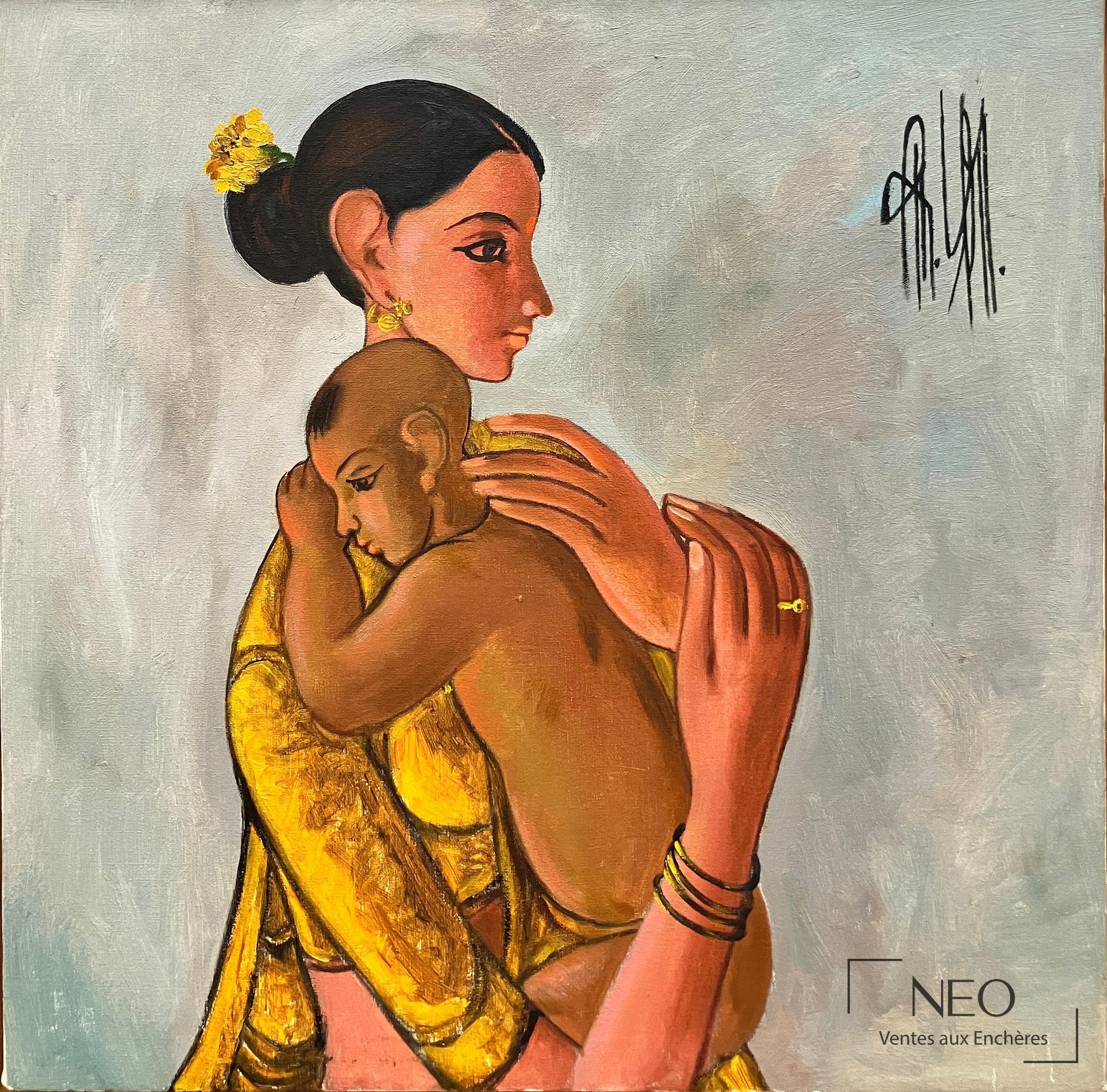 Huile sur toile de B. Prabha représentant une mère portant son enfant