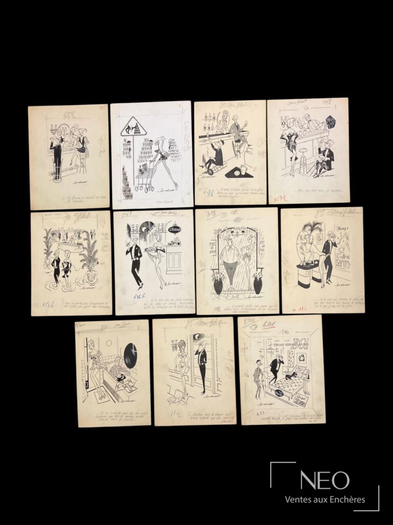 Ensemble de onze dessins humoristiques d'Albert Georges Badert sur fond noir