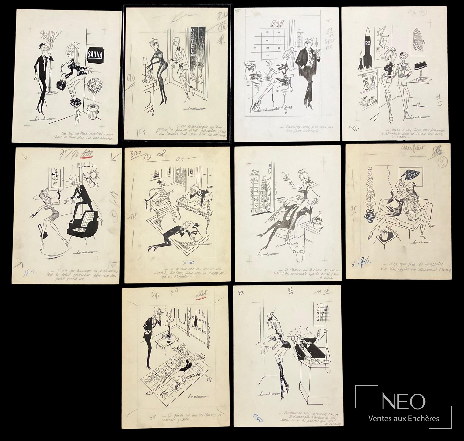 BADERT Albert Georges, ensemble de 10 dessins humoristiques publiés dans Ici Paris