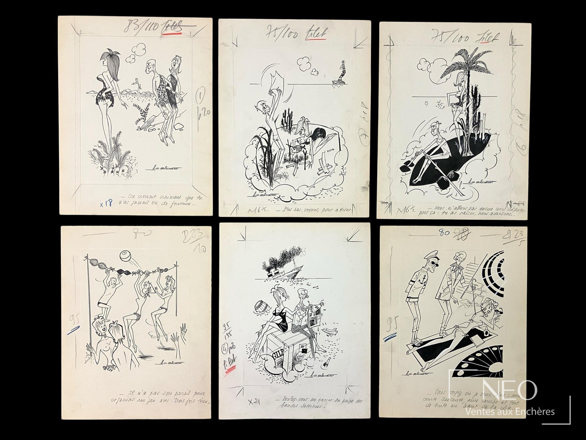 Albert Georges Badert Ensemble de 6 dessins humoristiques publiés dans Ici Paris