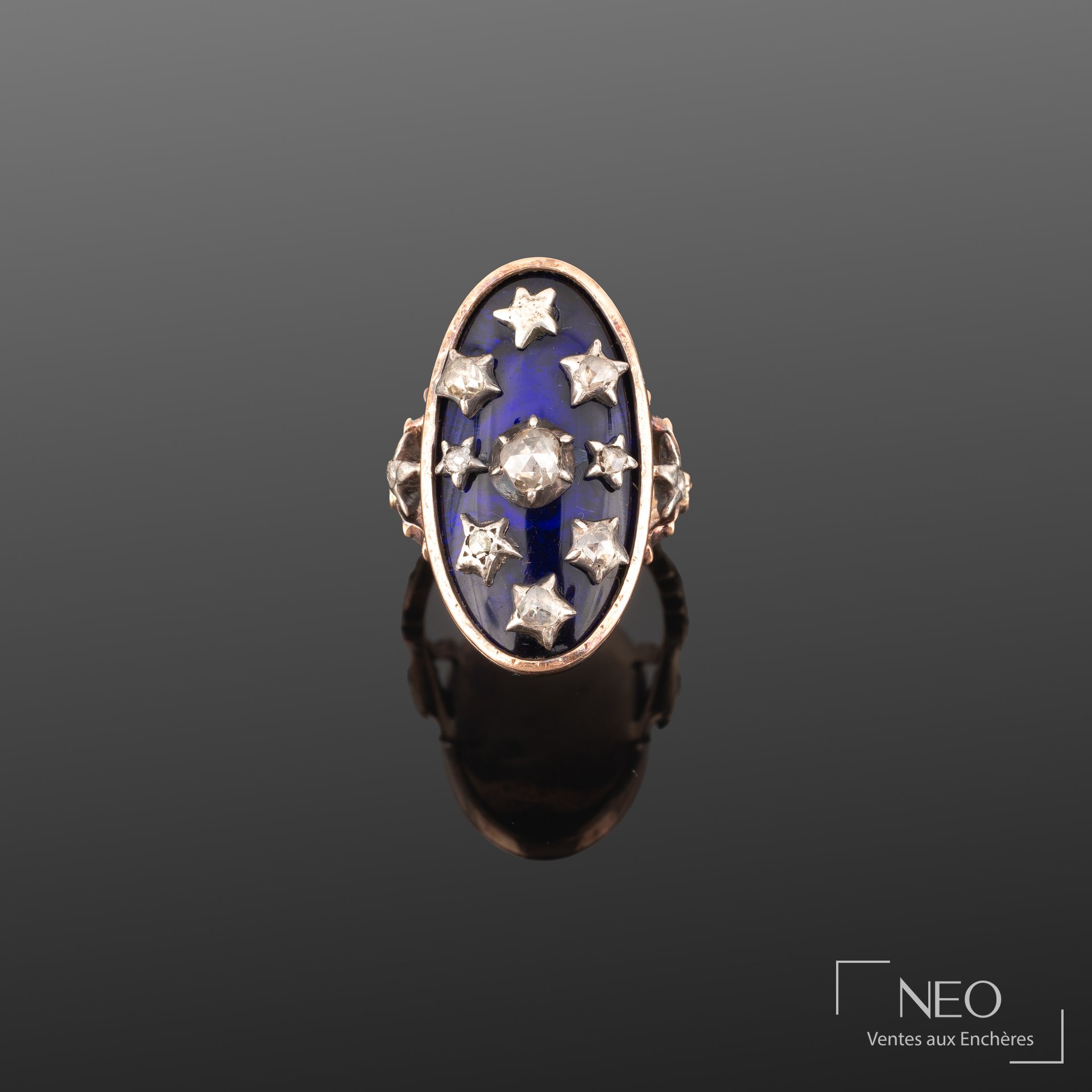 Bague au firmament en or rose 18K, argent et émail bleu céleste