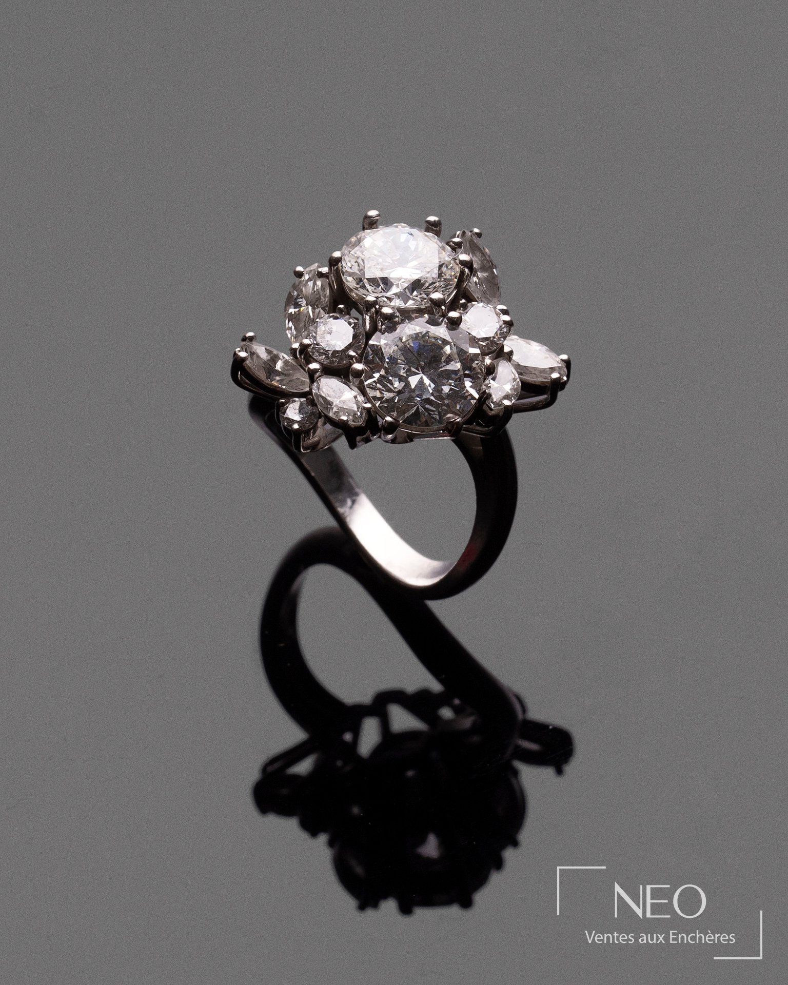 Bague en or gris sertie de deux diamants entourés de diamants