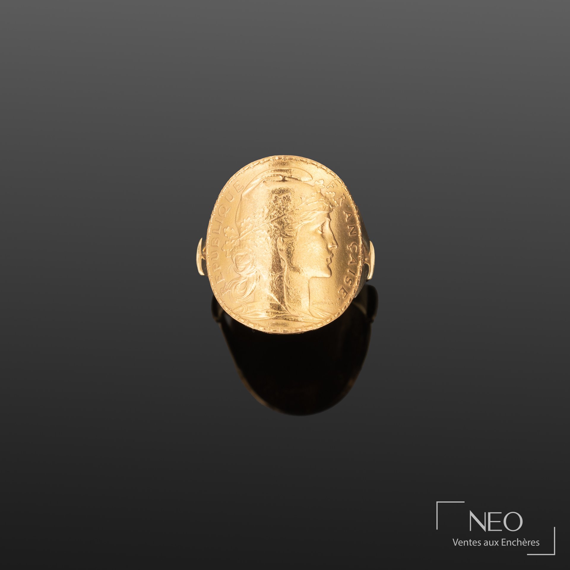 Bague en or jaune 18K à pièce de 20 francs Marianne au coq, 1913