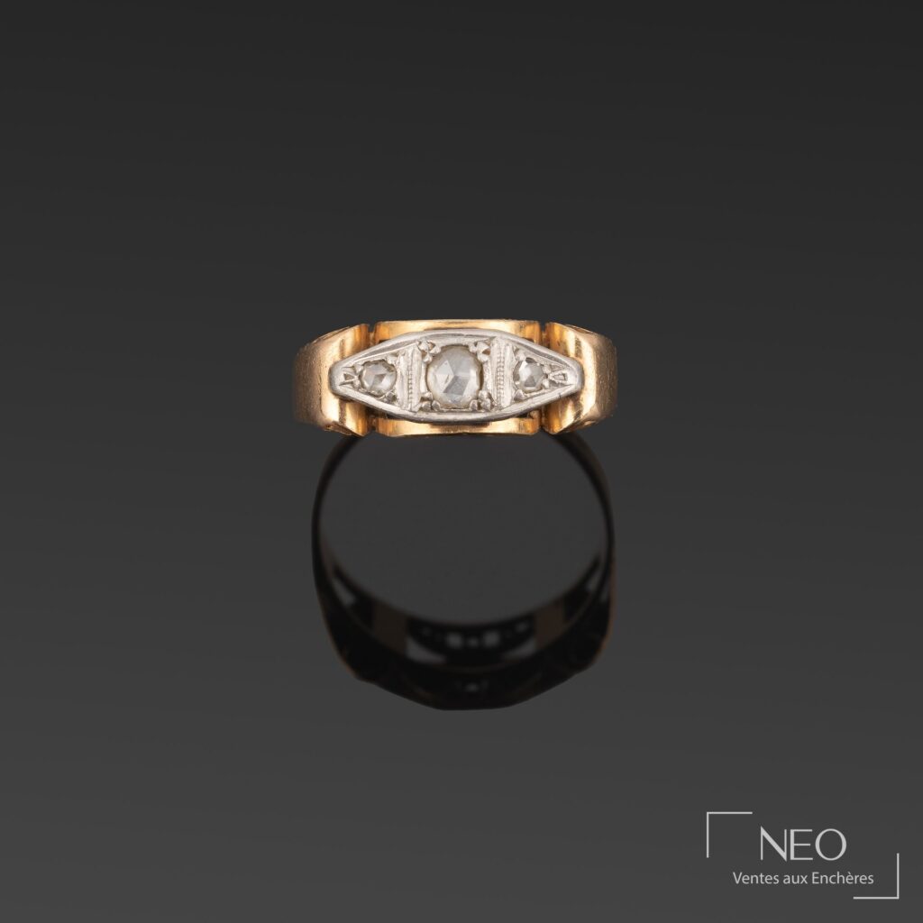 Bague en or jaune et platine vue de face