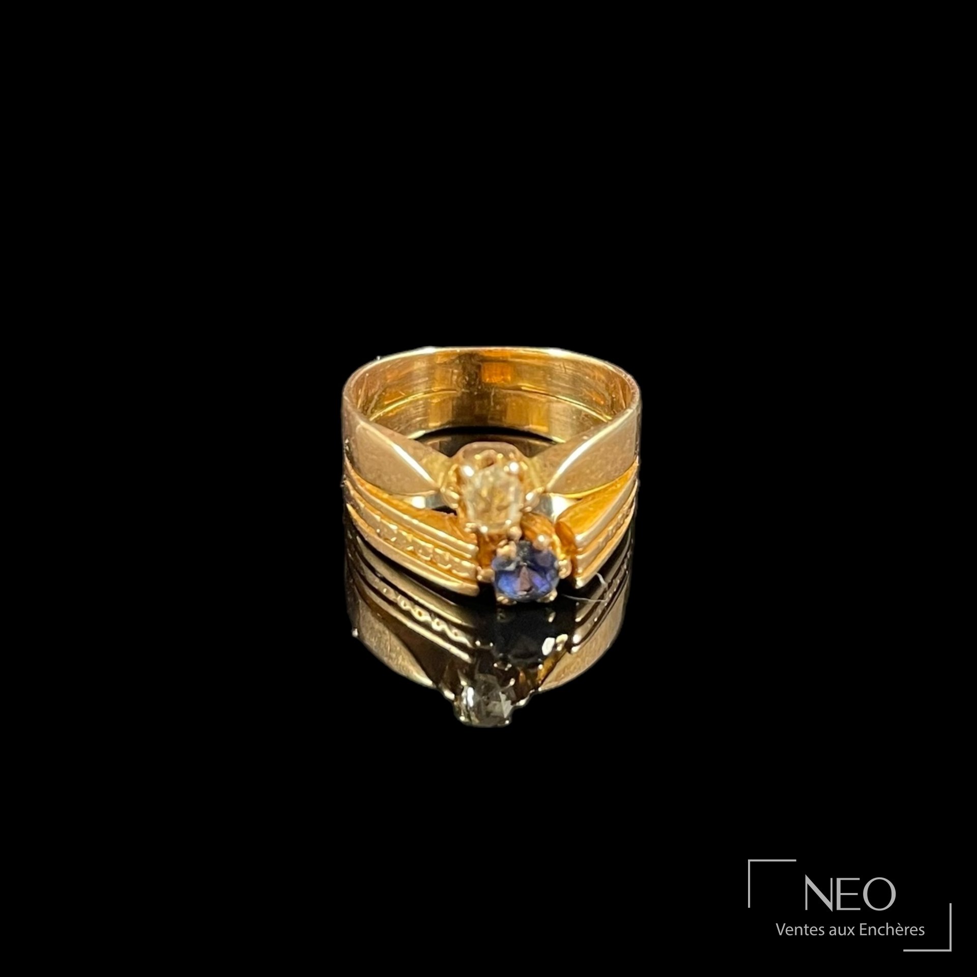 Bague Toi et Moi en or jaune 18 carats, diamant et pierre bleue